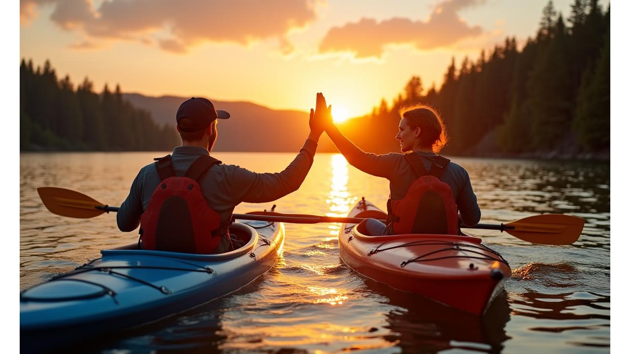 Two founders happily kayaking on a clear lake at sunset, high-fiving each other.