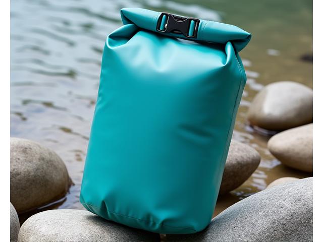 Fold-top waterproof dry bag in a vibrant teal color, made from biodegradable materials, on a rocky riverside.