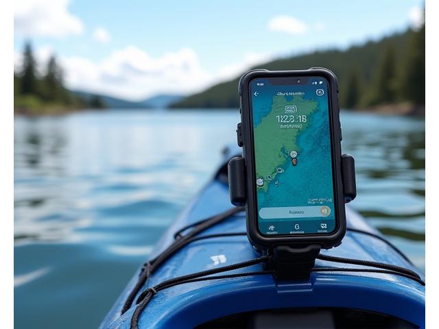 Smartphone securely mounted in a waterproof case on a kayak dashboard, displaying a navigation app