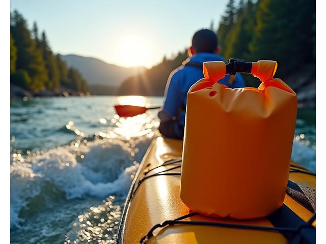 Kayaker on rough water with a bright orange waterproof bag securely attached to their kayak, demonstrating durability and protection.
