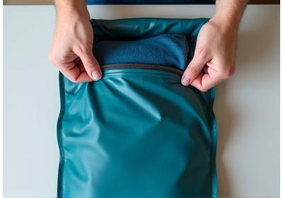 Rolled-up dry clothes being placed efficiently into a spacious dry bag.